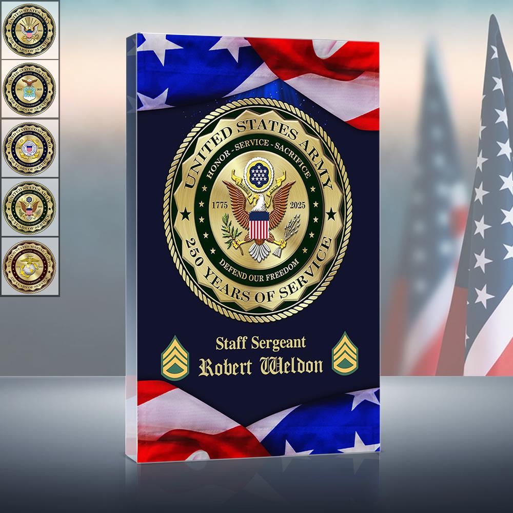 Personalized Acrylic Block 250th Anniversary Military Available All Military Branch Logo, Insignia K1702 Trhn
