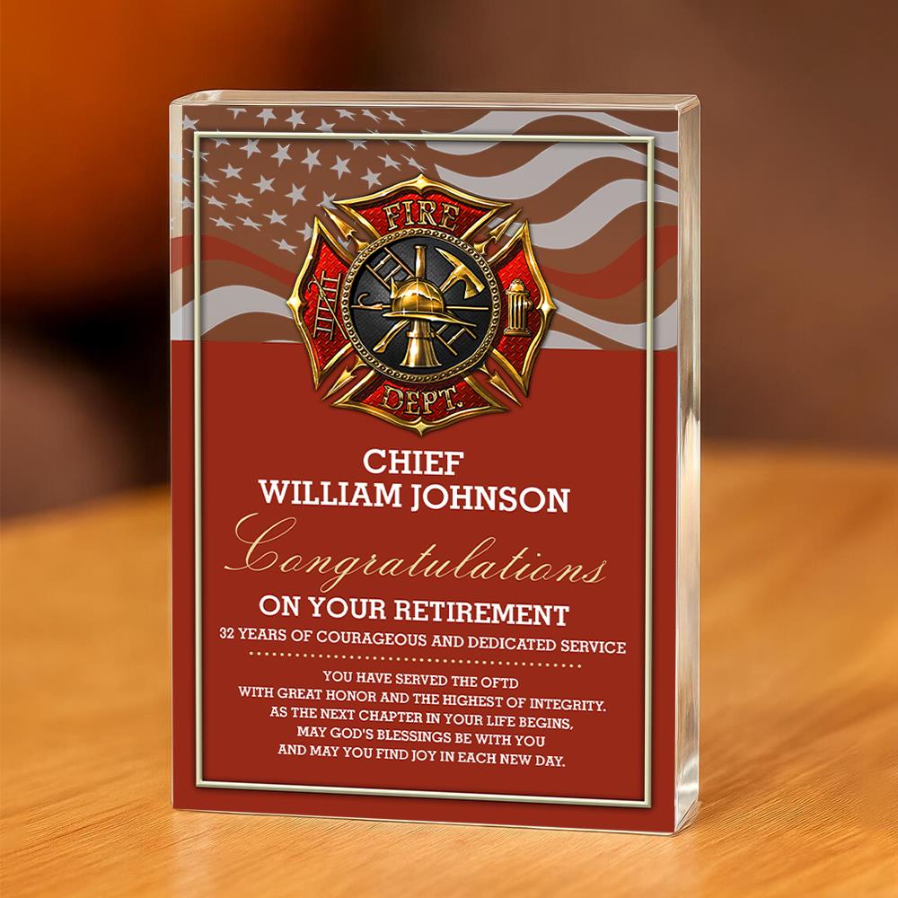 Firefighter Retirement Award Plaque Personalized Acrylic Block K1702 Trhn
