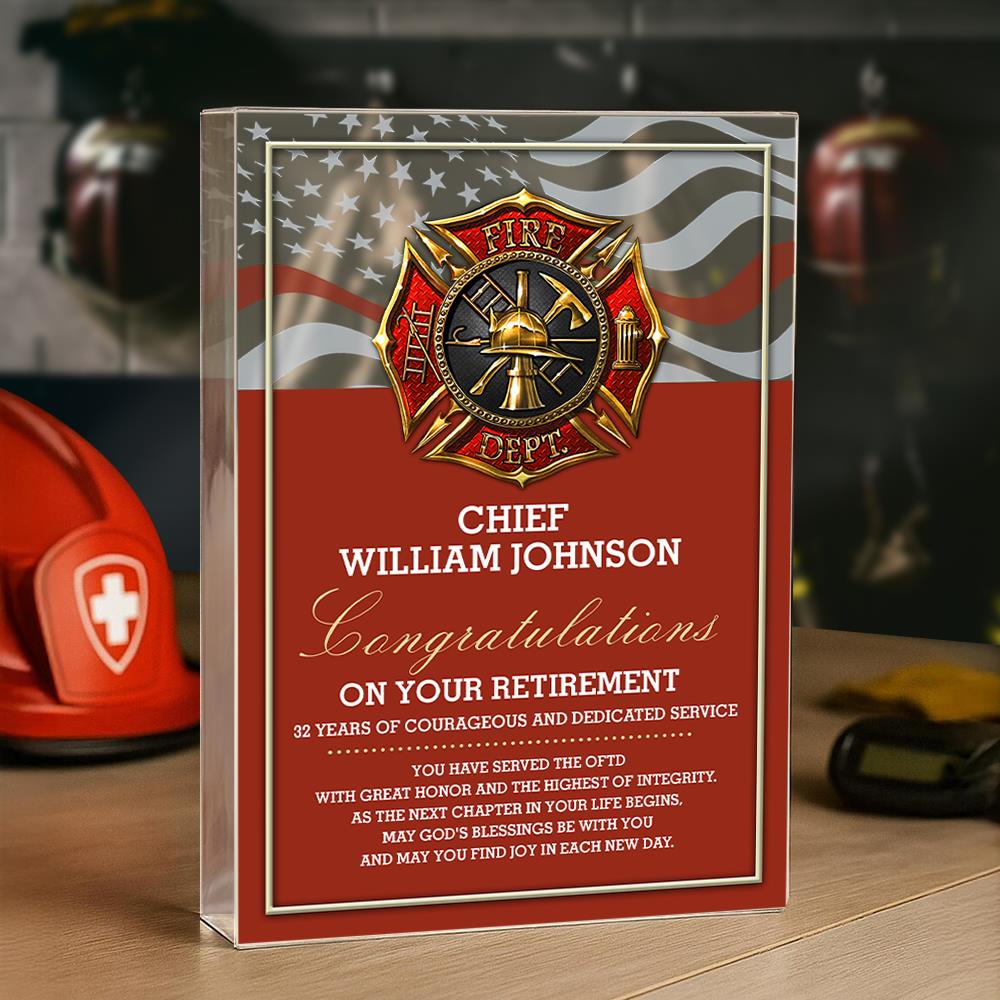 Firefighter Retirement Award Plaque Personalized Acrylic Block K1702 Trhn