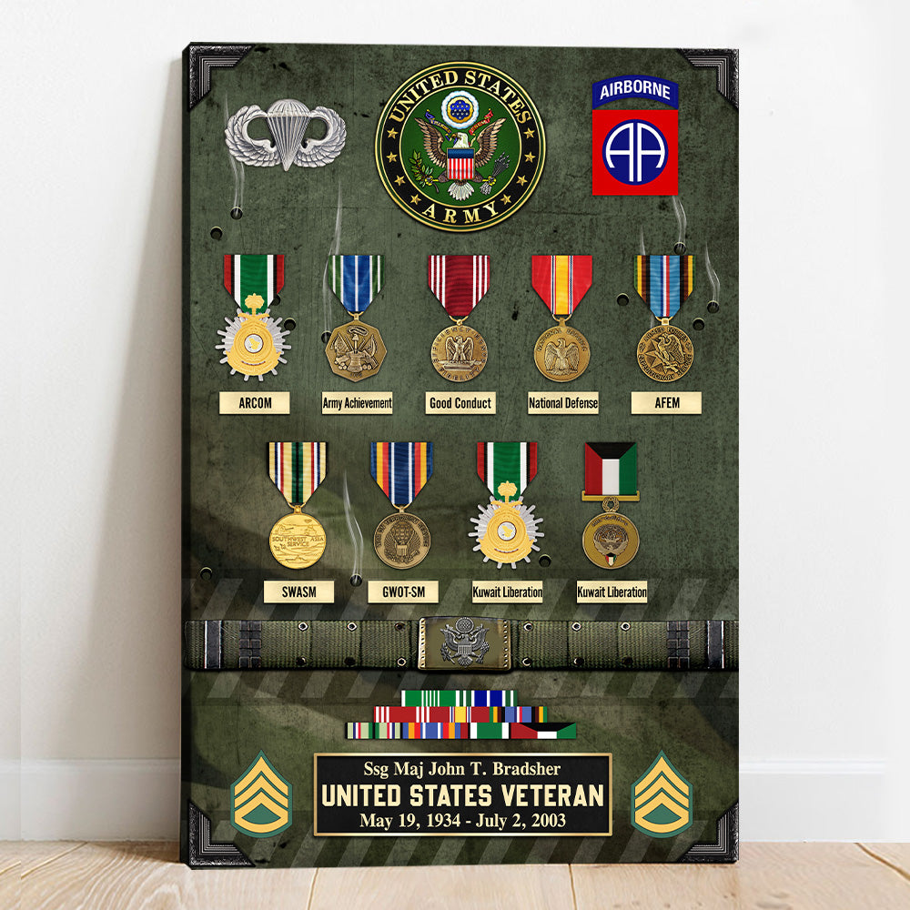 Personalized Poster Canvas For Veteran Custom Medals Ribbons Rank Division Gift For Veteran Dad Grandpa K1702 Trhn