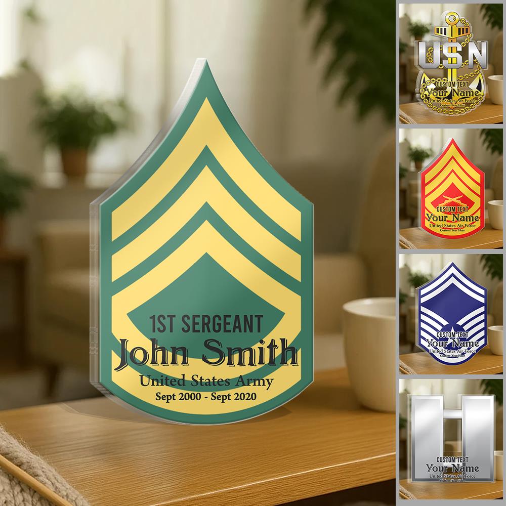 Acrylic Block Personalized Gifts For Veteran Custom Rank, Rank Insignia All Military Branches Custom Name K1702 Trhn