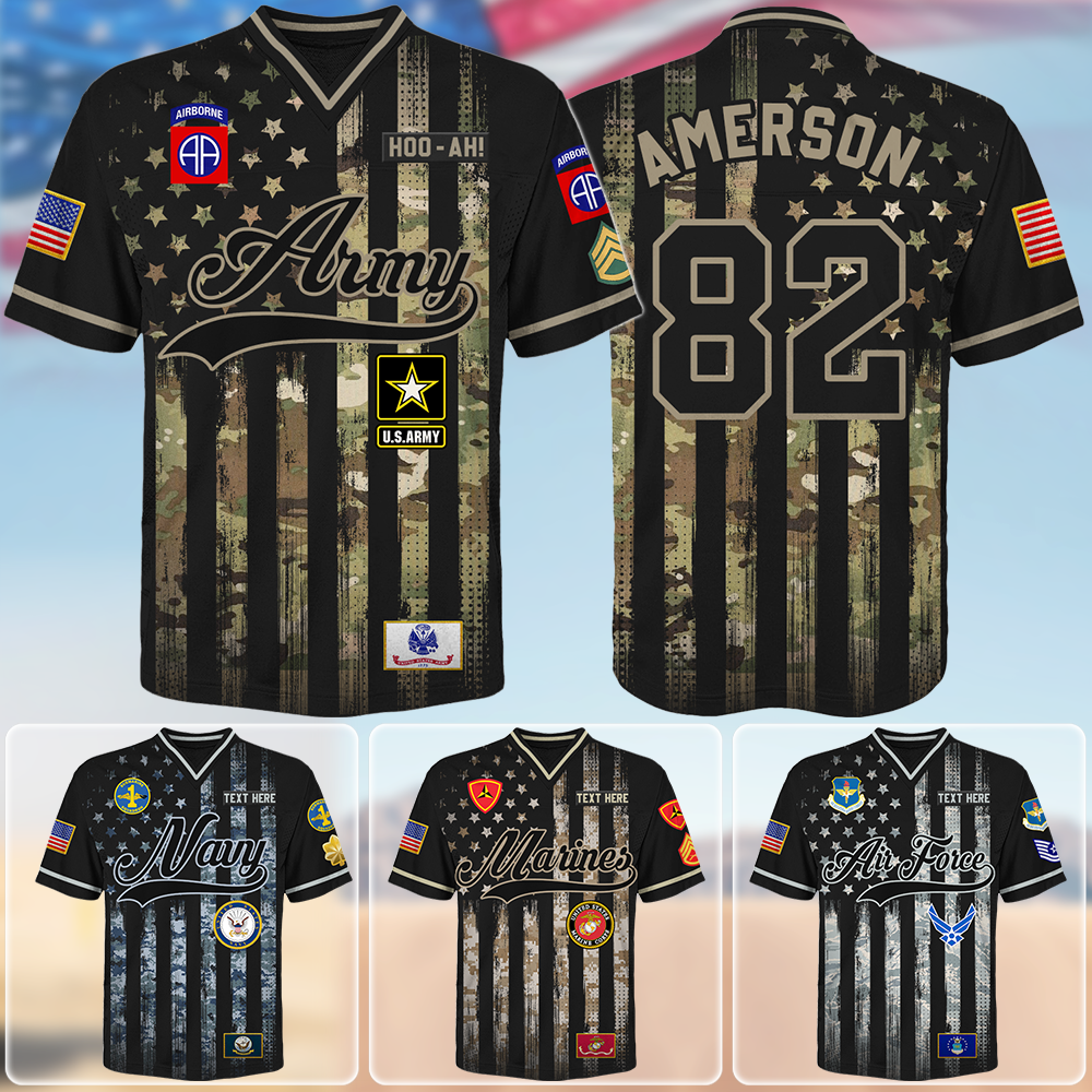 Custom Camouflage Patterns Military American Flag To Service American Football Jerseys Gift For Veteran K1702 Trhn