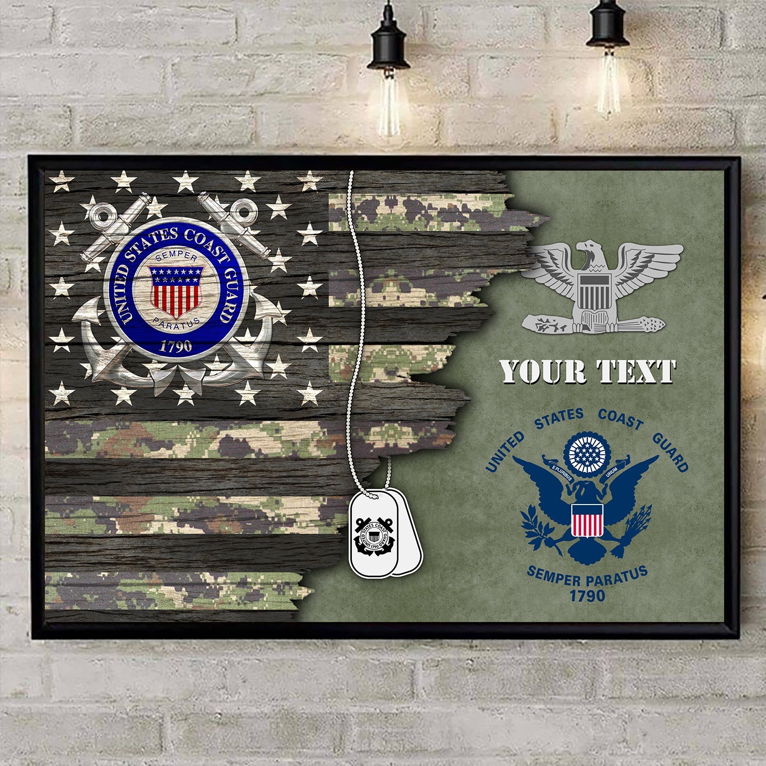 Personalized Canvas In Frame - Usa Half Flag With Military Ranks/Insignia - Personalized Name & Ranks K1702
