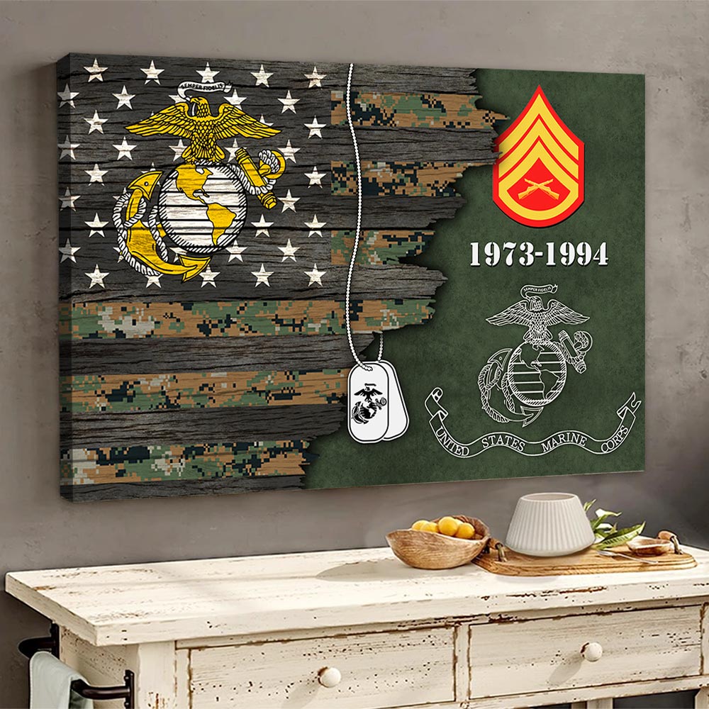 Personalized Canvas In Frame - Usa Half Flag With Military Ranks/Insignia - Personalized Name & Ranks K1702