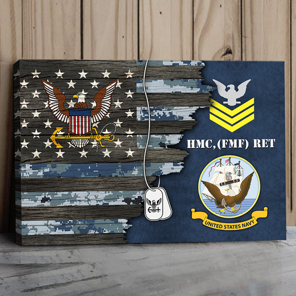 Personalized Canvas In Frame - Usa Half Flag With Military Ranks/Insignia - Personalized Name & Ranks K1702