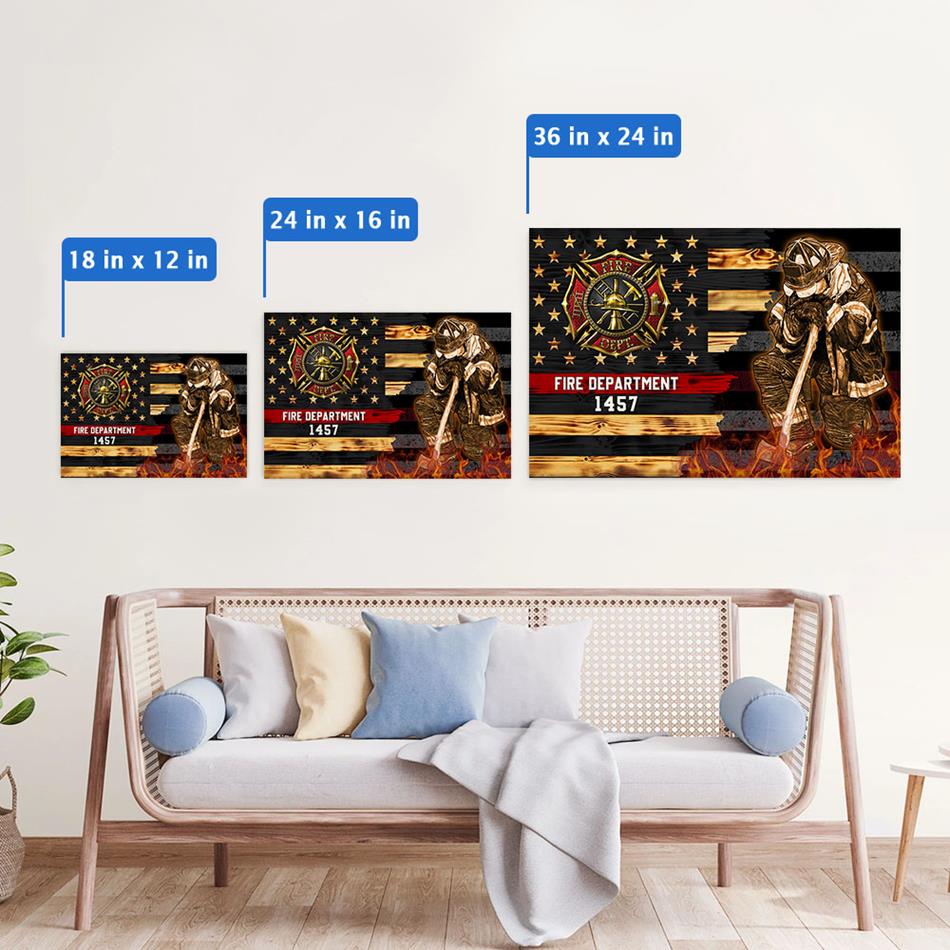 Half Thin Red Line Bunker Gear With Unit Number & Name, Personalized Firefighter Canvas Print, K1702