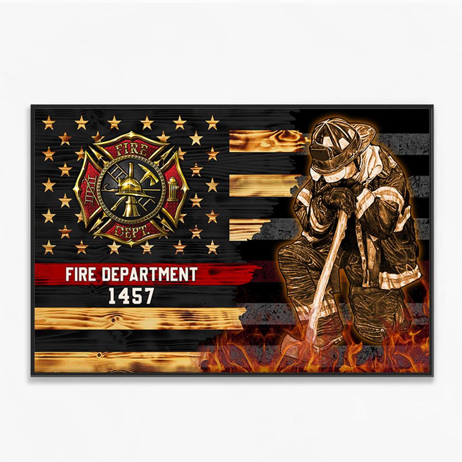 Half Thin Red Line Bunker Gear With Unit Number & Name, Personalized Firefighter Canvas Print, K1702