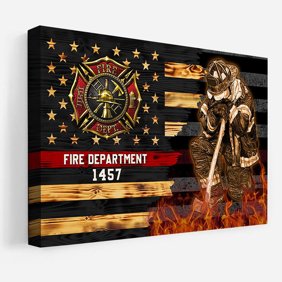 Half Thin Red Line Bunker Gear With Unit Number & Name, Personalized Firefighter Canvas Print, K1702
