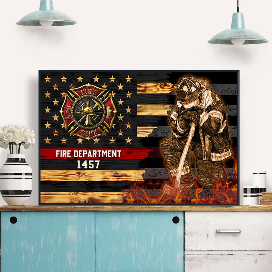 Half Thin Red Line Bunker Gear With Unit Number & Name, Personalized Firefighter Canvas Print, K1702