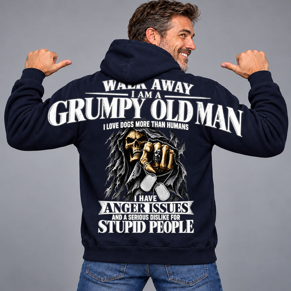 Walk Away I Am A Grumpy Old Man I Love Dogs More Than Humans I Have Anger Issues Skeleton Oversized Shoulder Print Shirts T24