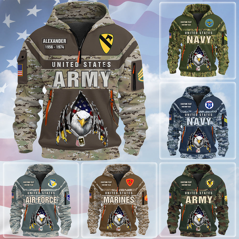 Personalized Hoodie Half Zipper Proudly Served Pattern Camouflage U.S Military Veteran Gift For US Military Veteran K1702 Trhn