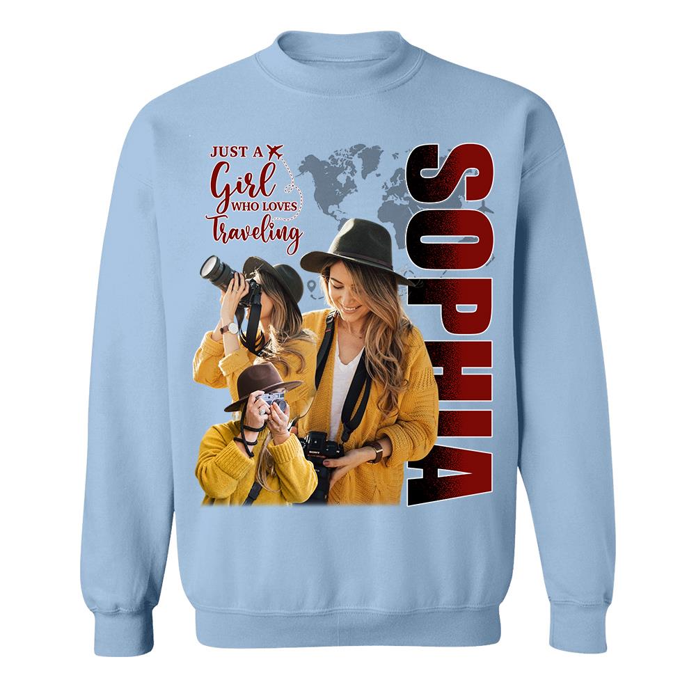 Just A Girl Who Loves Traveling – Custom Photo Vacation T-Shirt for Adventure Lovers Vr2 NA02 Hv01