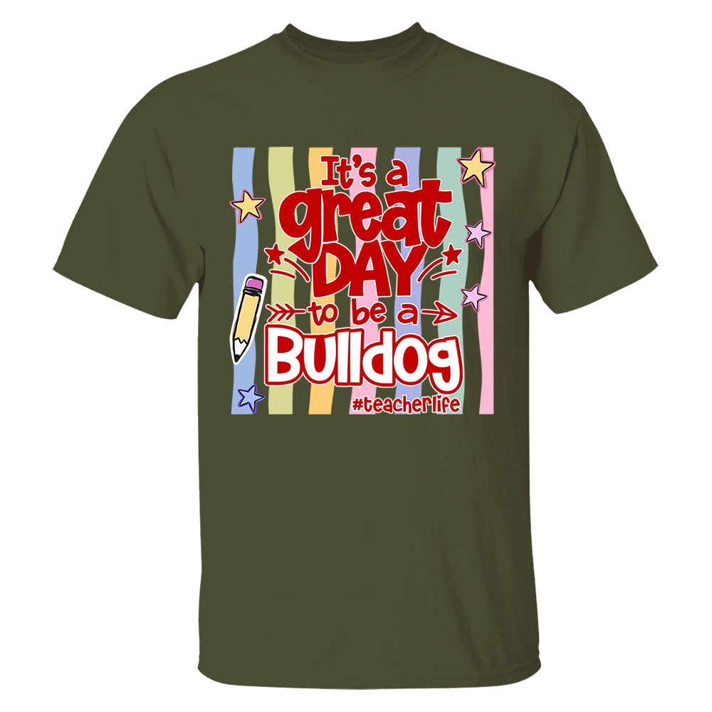 It's A Great Day To Be A Bulldog Personalized School Mascot Retro Stripe Shirt For Teacher T24