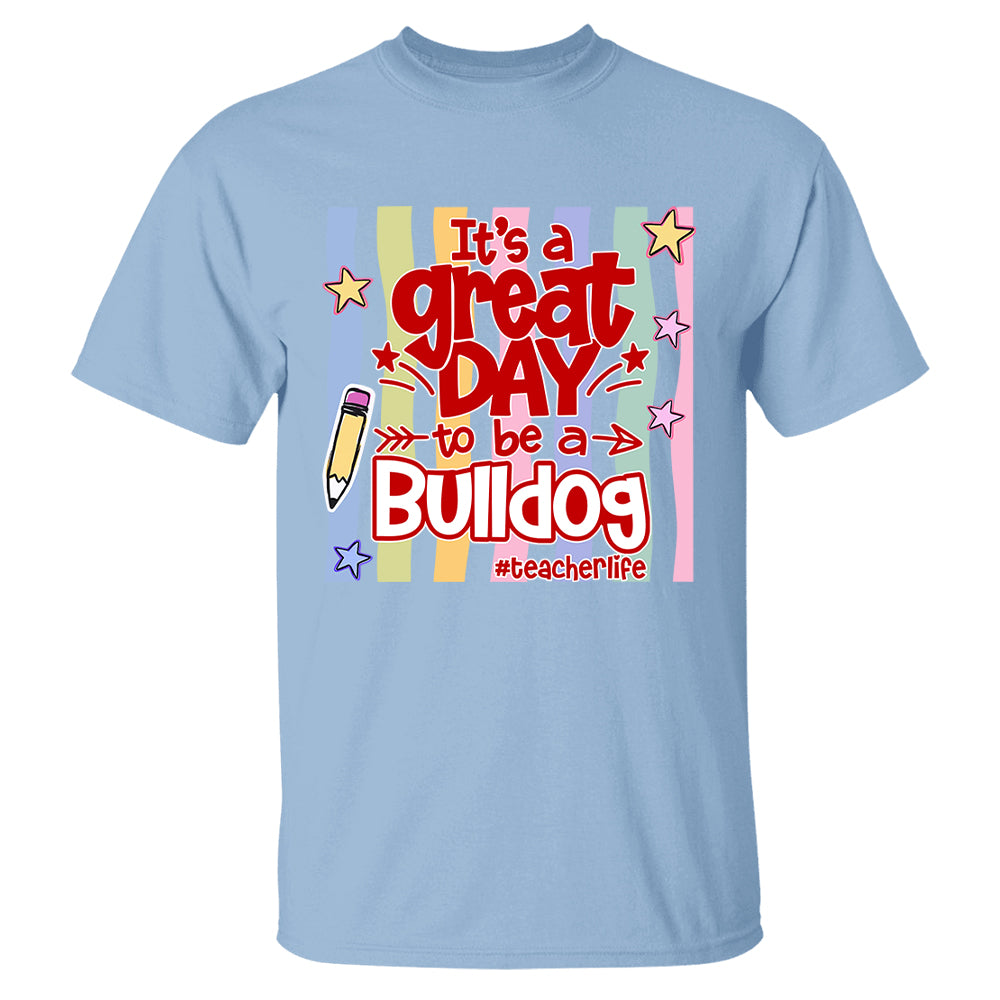 It's A Great Day To Be A Bulldog Personalized School Mascot Retro Stripe Shirt For Teacher T24