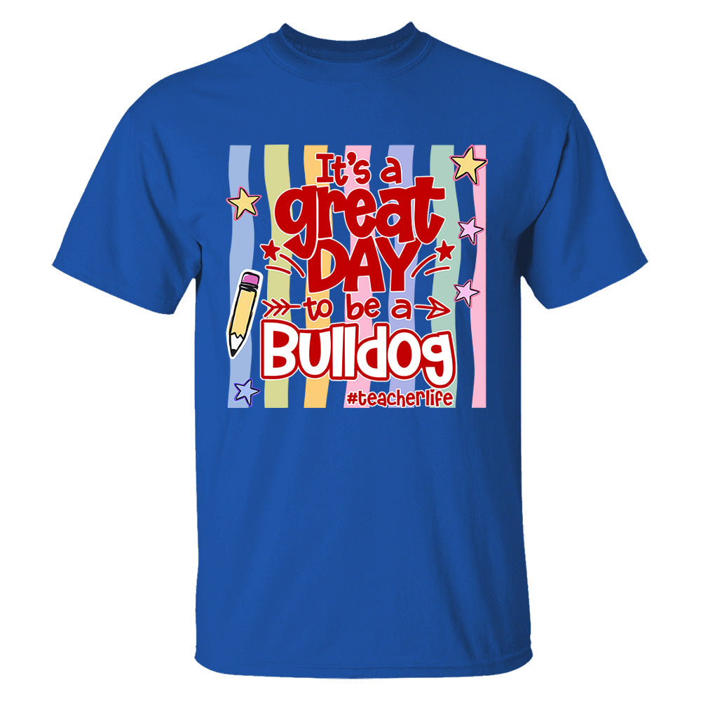 It's A Great Day To Be A Bulldog Personalized School Mascot Retro Stripe Shirt For Teacher T24