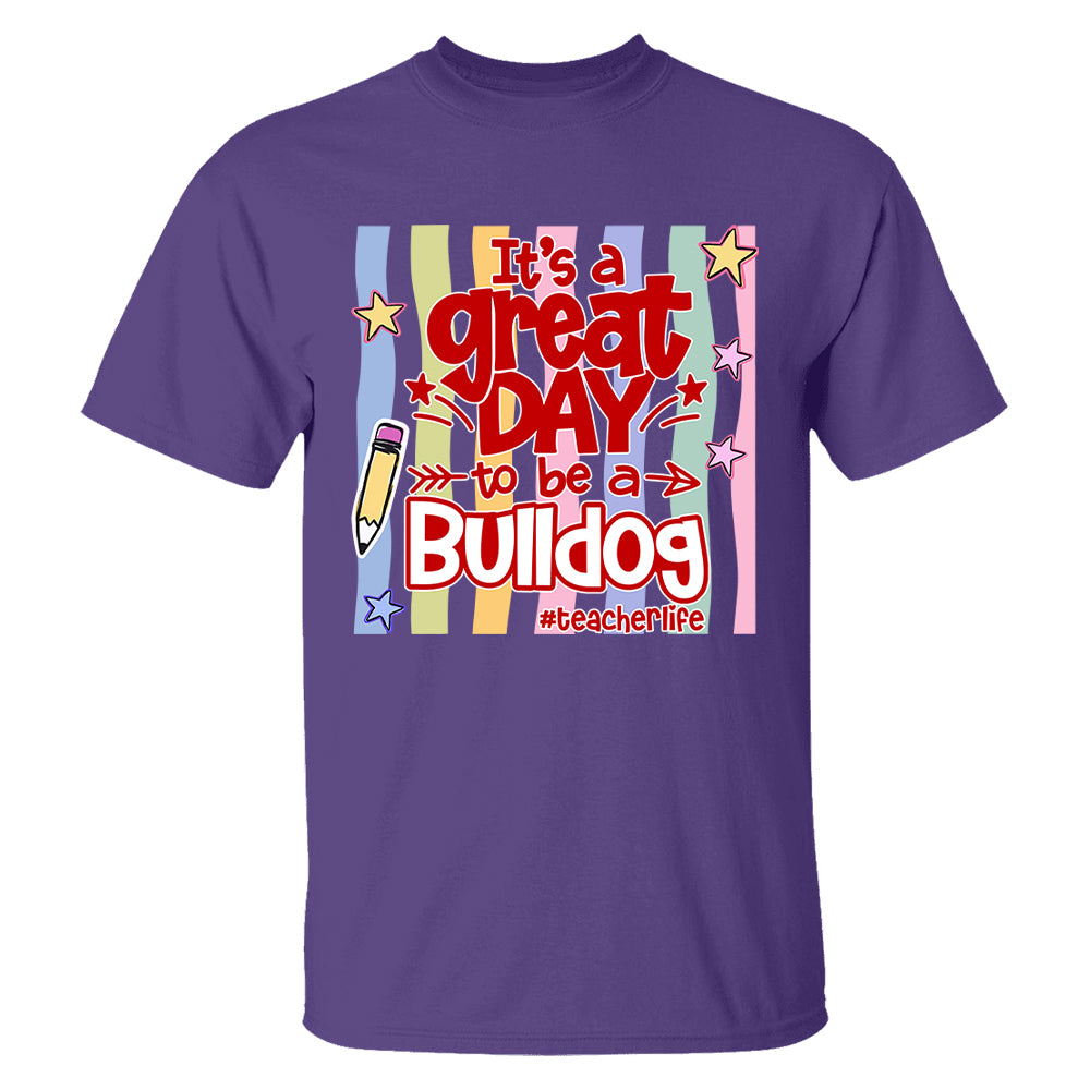 It's A Great Day To Be A Bulldog Personalized School Mascot Retro Stripe Shirt For Teacher T24
