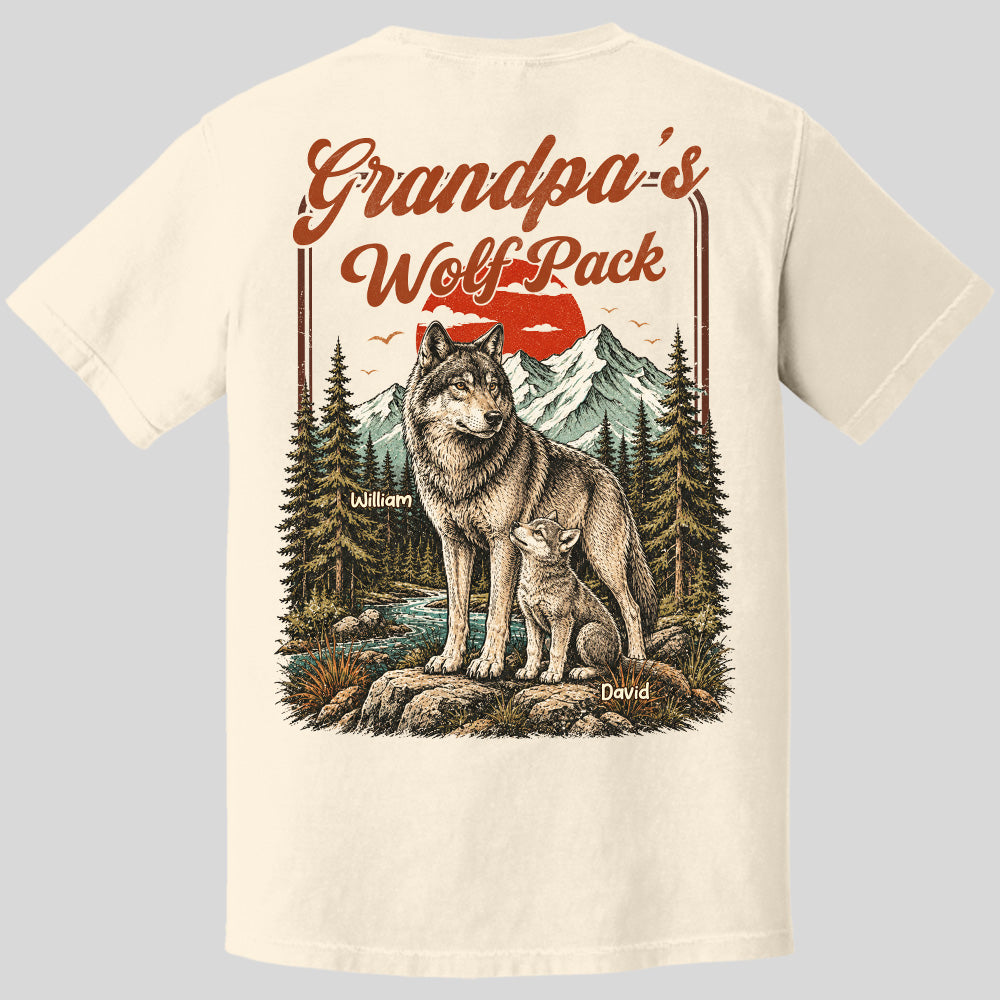 Personalized Grandpa Wolf Pack T-Shirt Father Day Gifts for Dad Funny Papa Tshirt Cool Daddy Wolf Vintage Retro Shirt for Men Pt99