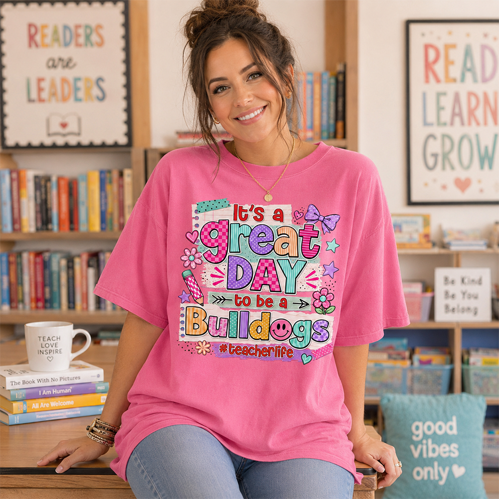 Striped Neon It's A Great Day To Be A Bulldog Personalized School Mascot Retro Stripe Shirt For Teacher Hv01