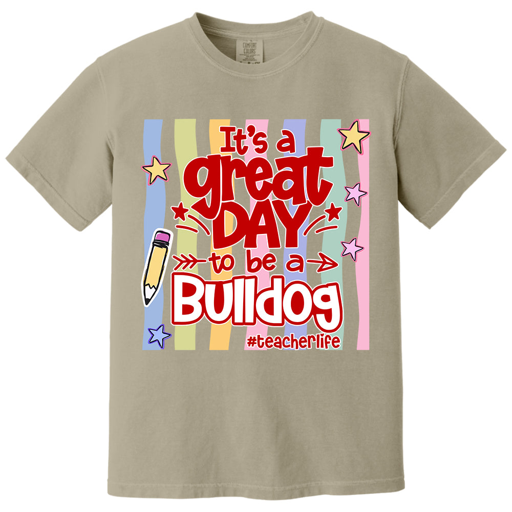 It's A Great Day To Be A Bulldog Personalized School Mascot Retro Stripe Shirt For Teacher T24