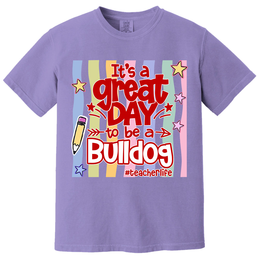 It's A Great Day To Be A Bulldog Personalized School Mascot Retro Stripe Shirt For Teacher T24