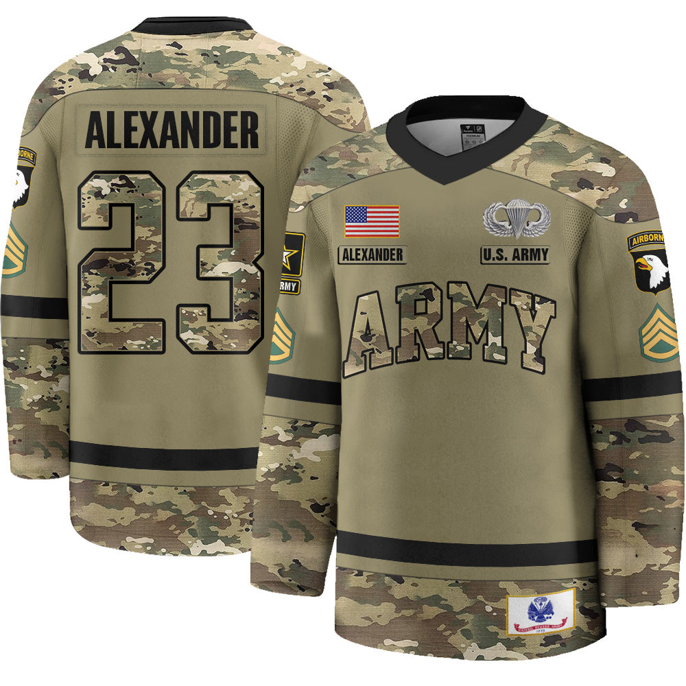 Personalized Hockey Jersey Military Camouflage Custom All Branches Gift For Veteran Grandpa Dad K1702 Trhn