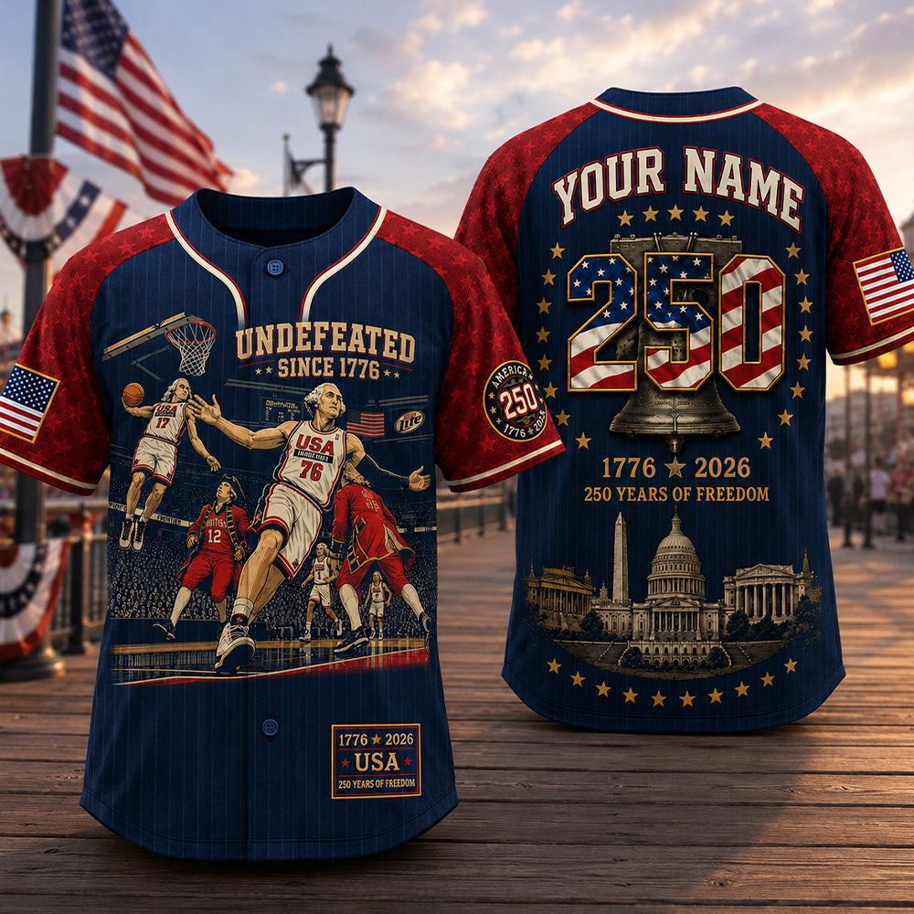 Custom Name America 250th Anniversary Baseball Jersey, Undefeated Since 1776 Patriotic Basketball Shirt T24
