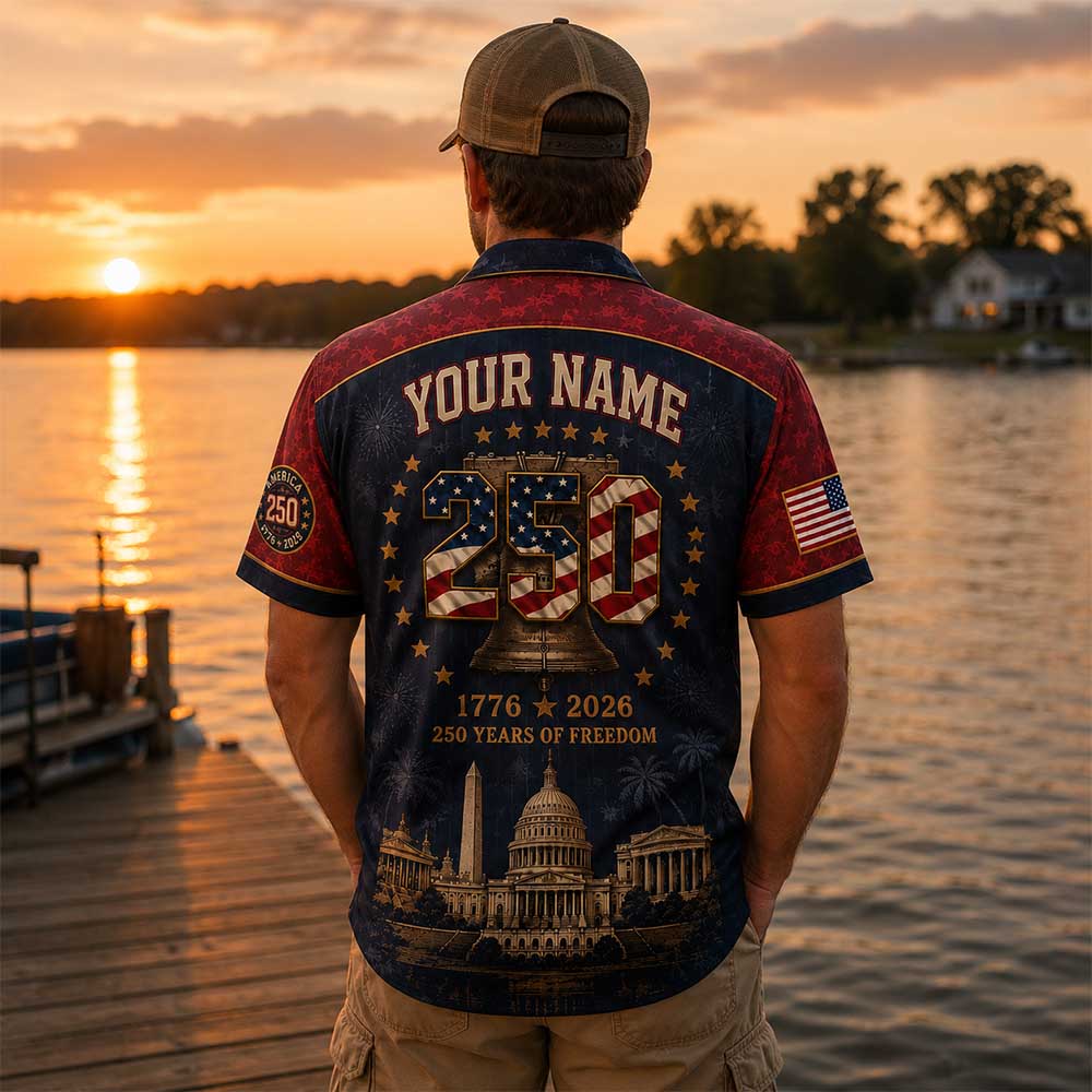 Personalized America 250 Hawaiian Shirt, Custom Name Number USA 1776 2026 Hawaiian Shirt, Patriotic Liberty Bell Shirt, 4th of July Gift Pt99