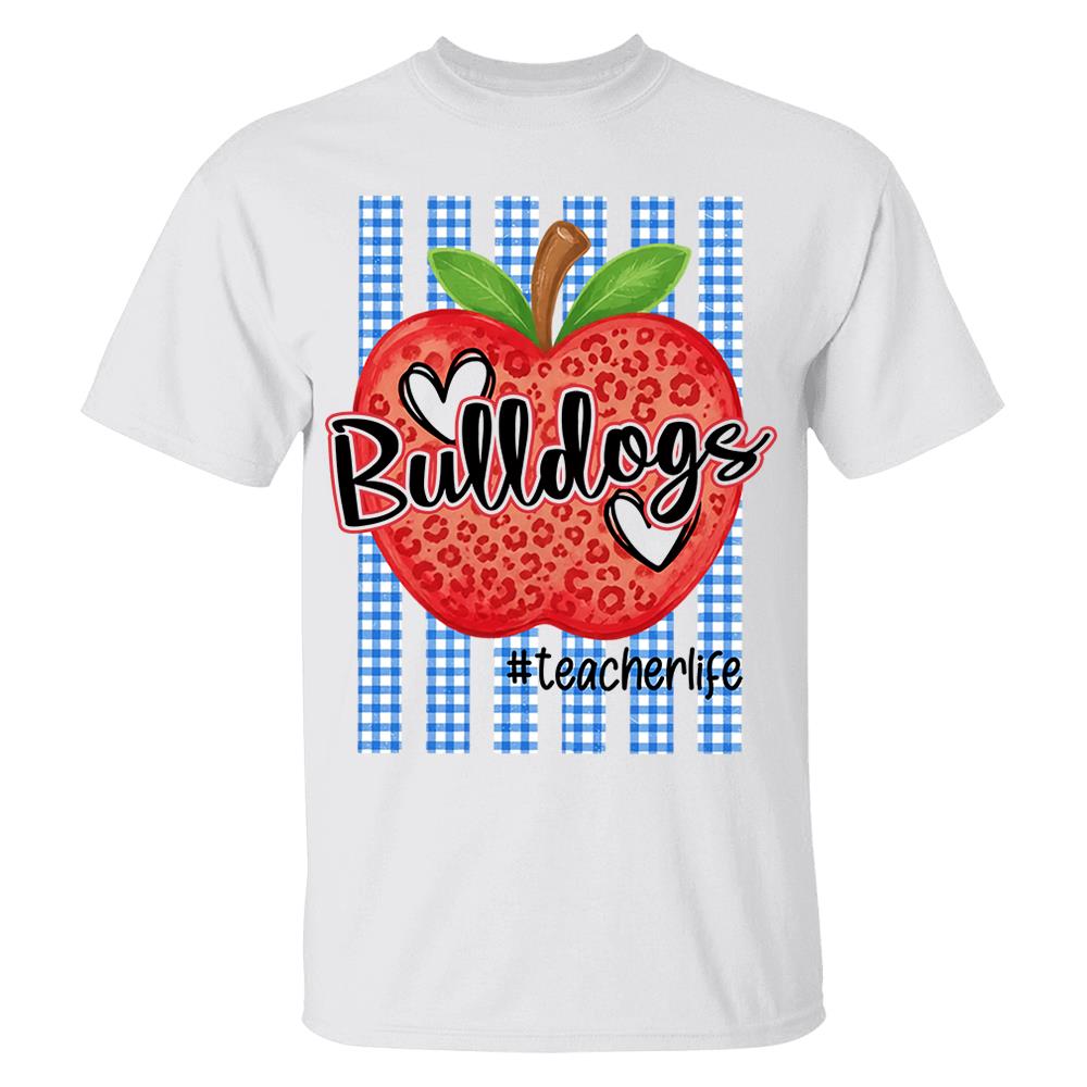 Personalized School Striped Mascot Apple Blue Gingham Stripes T-shirt For Teacher Nh00
