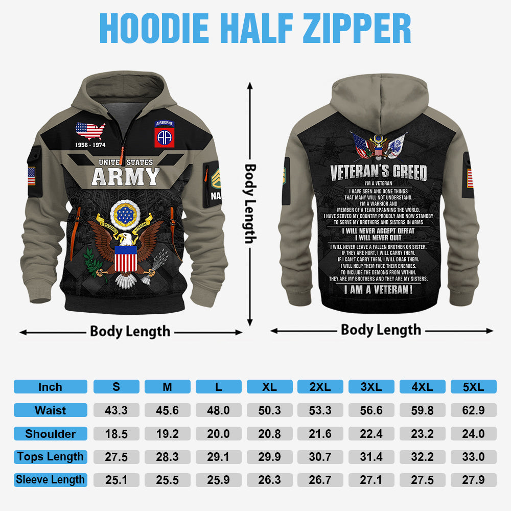 Personalized All Over Print Hoodie Half Zipper Veteran's Creed Custom All Military Branches Gift For Veteran K1702 Trhn