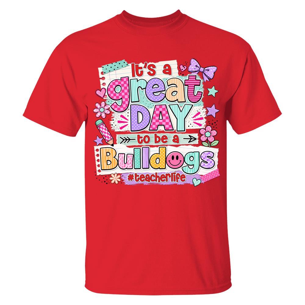 Striped Neon It's A Great Day To Be A Bulldog Personalized School Mascot Retro Stripe Shirt For Teacher Hv01
