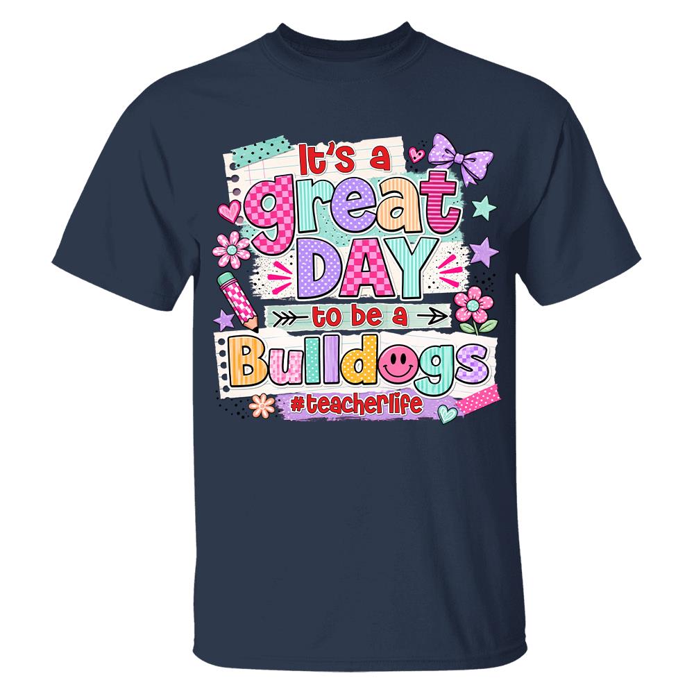 Striped Neon It's A Great Day To Be A Bulldog Personalized School Mascot Retro Stripe Shirt For Teacher Hv01