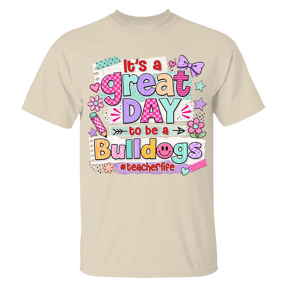 Striped Neon It's A Great Day To Be A Bulldog Personalized School Mascot Retro Stripe Shirt For Teacher Hv01