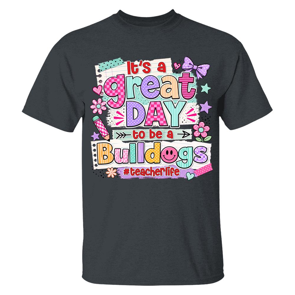 Striped Neon It's A Great Day To Be A Bulldog Personalized School Mascot Retro Stripe Shirt For Teacher Hv01