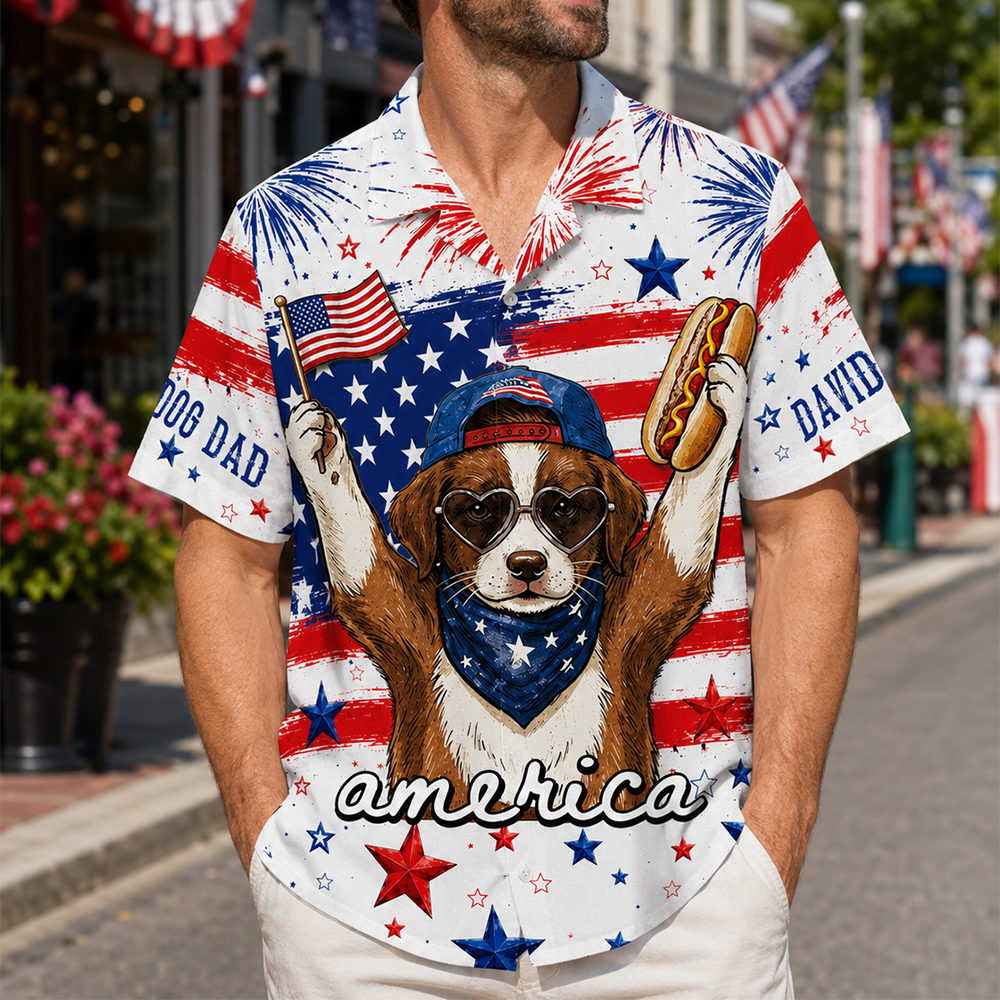 Funny Dog Hot Dog American Flag - Personalized Hawaiian Shirt - Custom Dog Cat Photo Shirt - Gift for Patriots Pet Lover T1807 Hv01