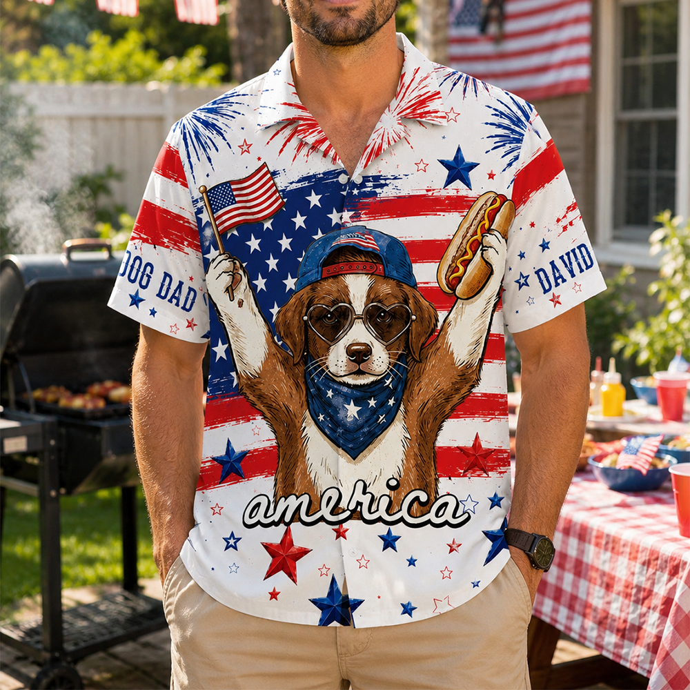 Funny Dog Hot Dog American Flag - Personalized Hawaiian Shirt - Custom Dog Cat Photo Shirt - Gift for Patriots Pet Lover T1807 Hv01