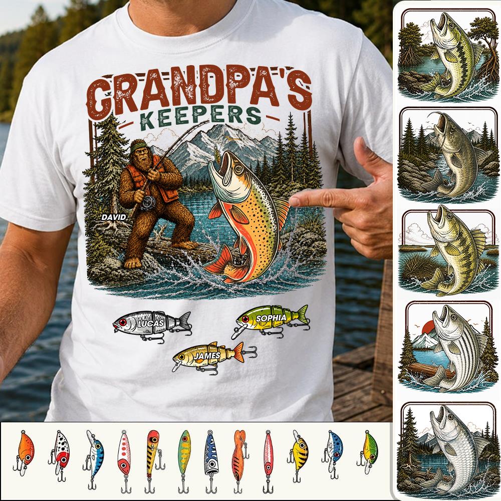 Grandpa's Keepers Bigfoot Fishing Shirt, Personalized Dad Shirt With Custom Kids, Bigfoot Fisherman Father's Day Gift, Gift for Dad Na02 Nh00