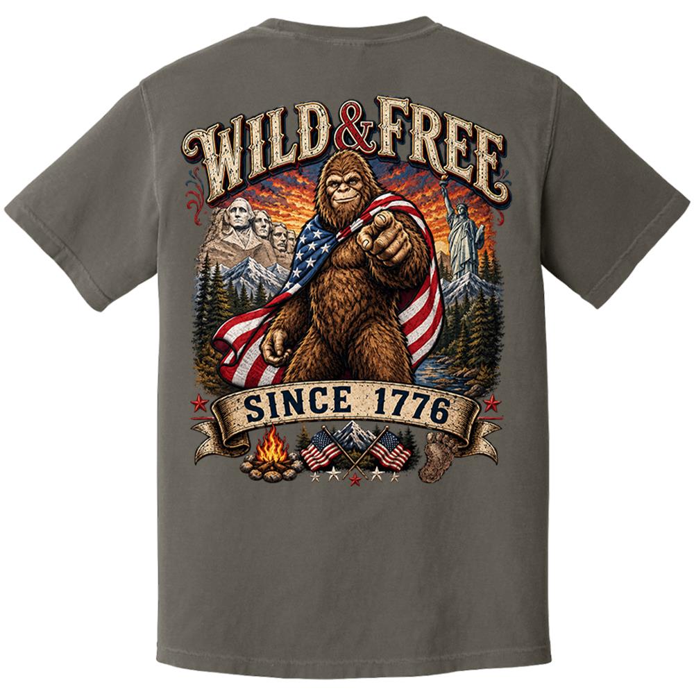 Custom Wild & Free Since 1776 Bigfoot Patriotic T-Shirt