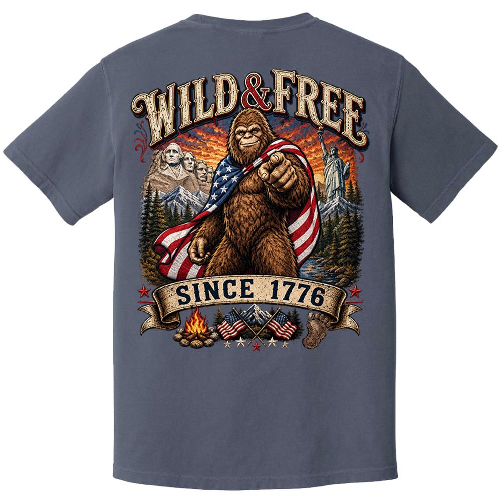 Custom Wild & Free Since 1776 Bigfoot Patriotic T-Shirt