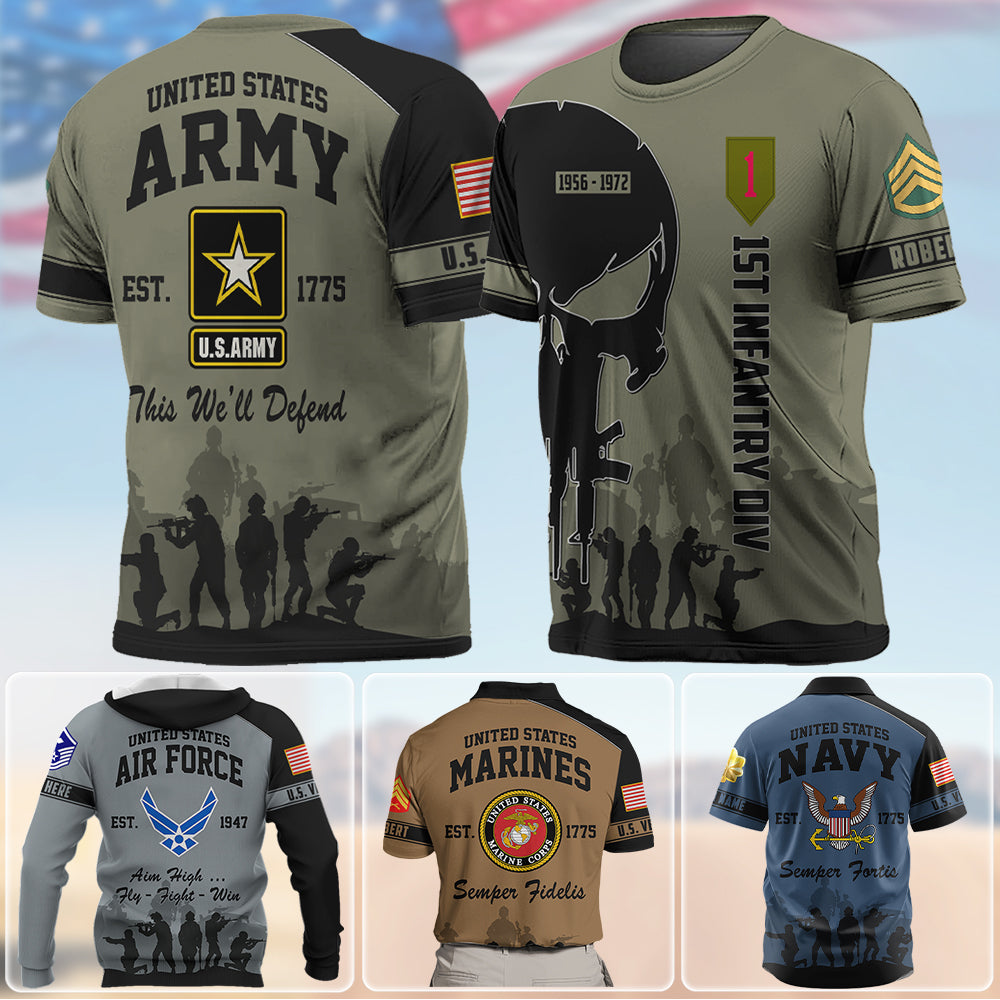 Personalized All Over Print Shirt Veteran Skull Division Rank Name Gift For Veterans K1702 Trhn