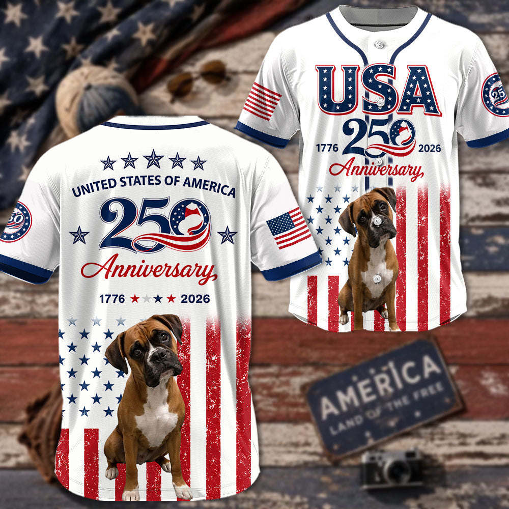 Custom Upload Photo Boxer USA 250th Anniversary Baseball Jersey 1776-2026 Patriotic Dog Lovers Shirt Pt99