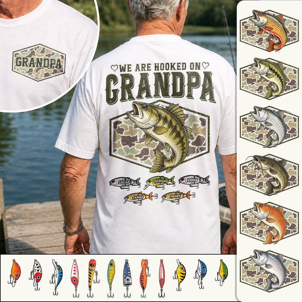 We Are Hooked On Grandpa Personalized Vintage Retro Fishing Shirt, Custom Fishing Gift for Dad, Father's Day Tee Na02 Hv01