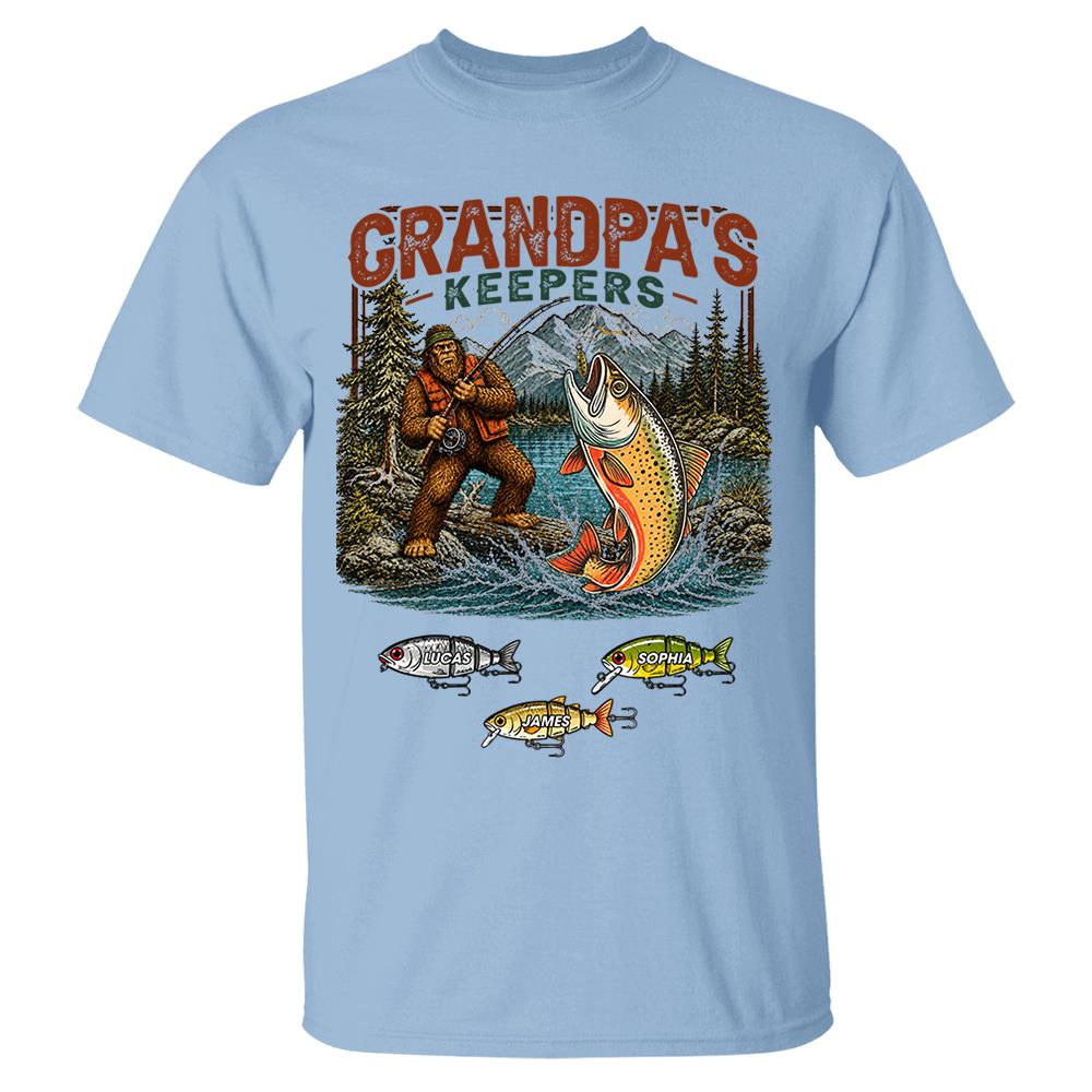 Grandpa's Keepers Bigfoot Fishing Shirt, Personalized Dad Shirt With Custom Kids, Bigfoot Fisherman Father's Day Gift, Gift for Dad Na02 Nh00