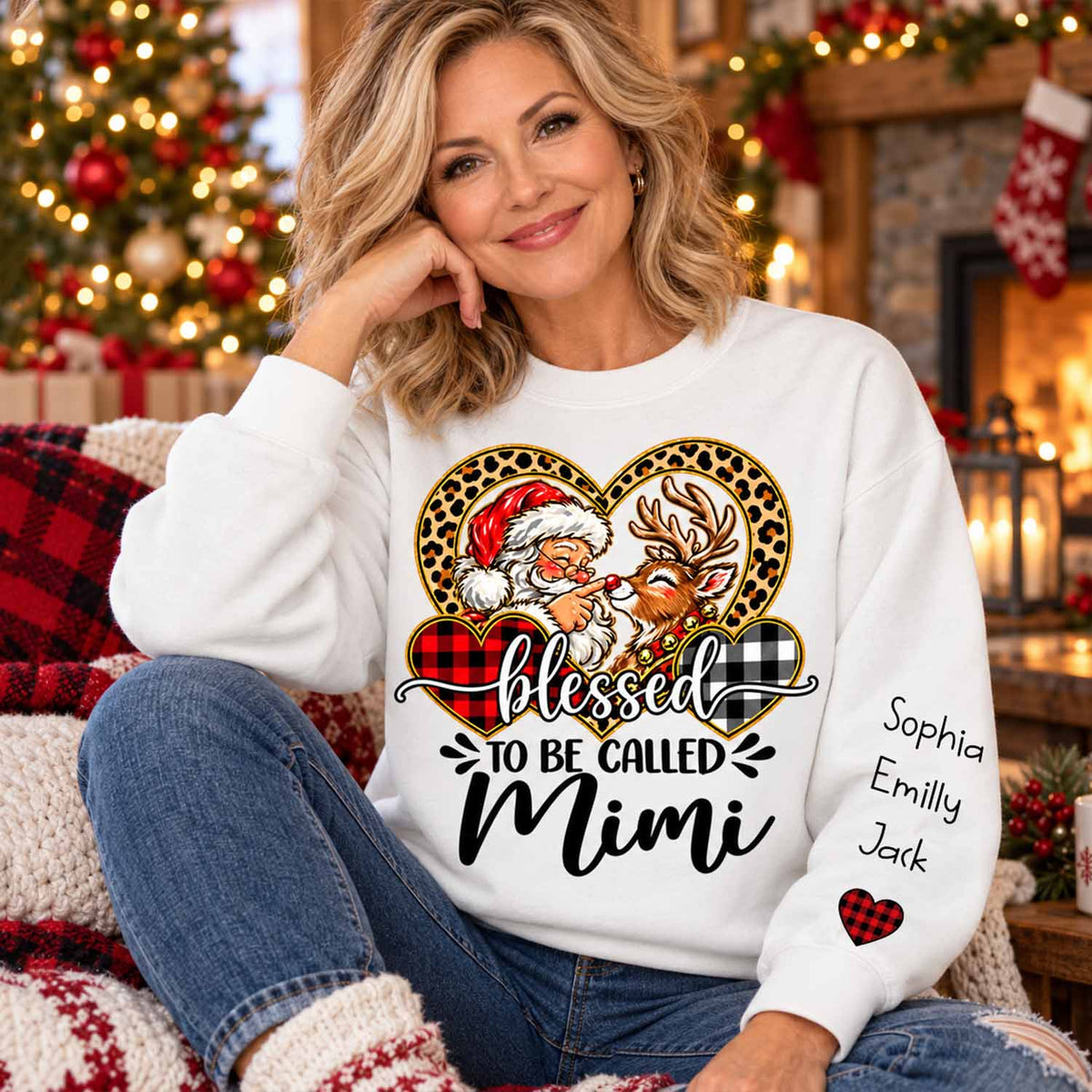 Personalized Blessed To Be Called Mimi Christmas Sweater, Custom Grandchildren Names on Sleeve Pullover, Leopard Buffalo Plaid Heart Grandma Gift C2408 Li29 TL06