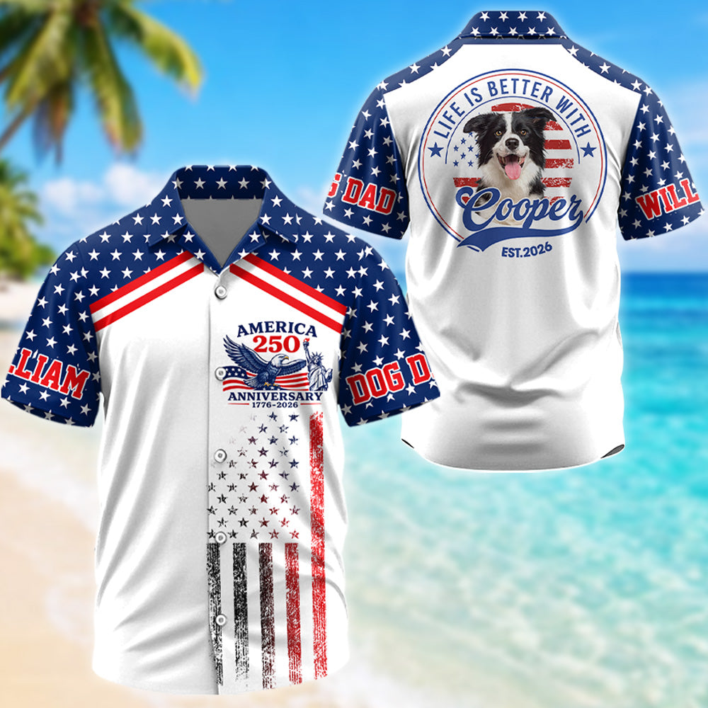 This Human Belongs To, Custom Photo Dog Short Sleeve Silk Shirt, Celebrate America 250th Anniversary Shirt, Gift For Dog Lover T1807 T24