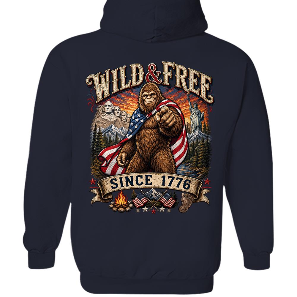 Custom Wild & Free Since 1776 Bigfoot Patriotic T-Shirt