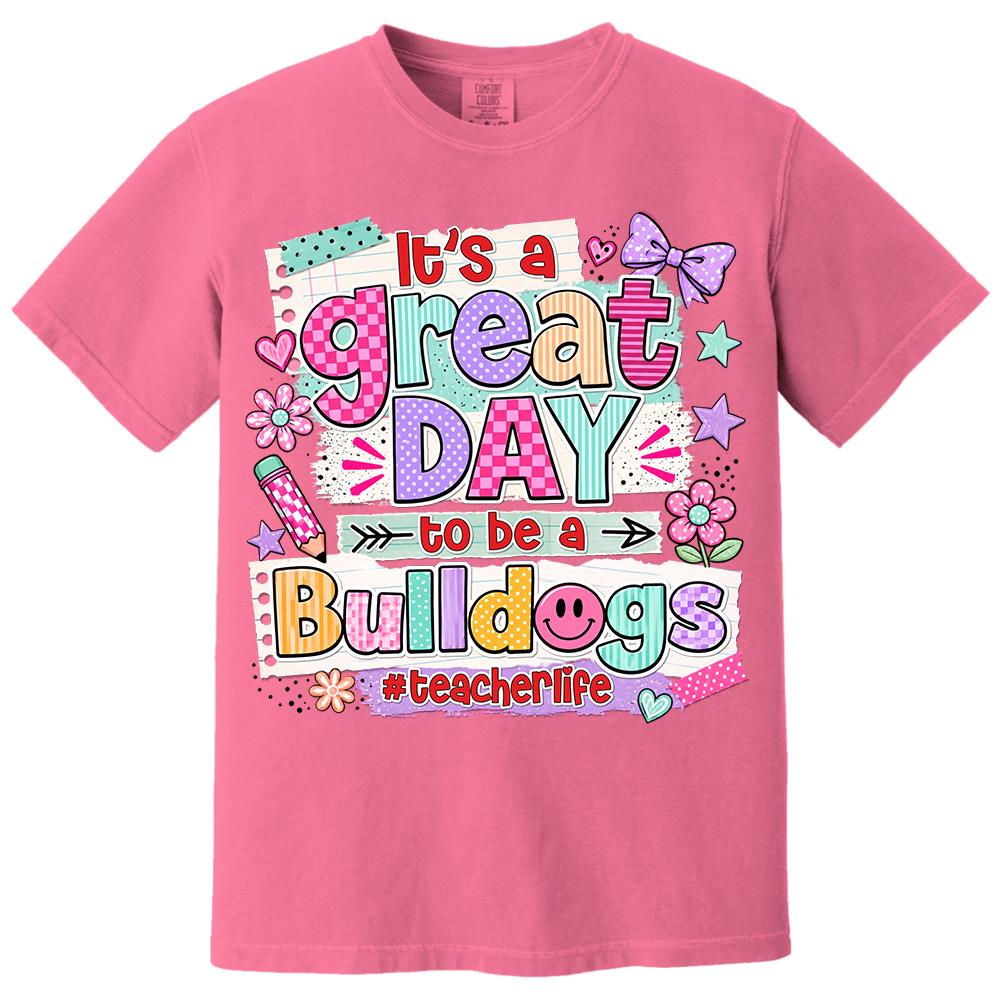 Striped Neon It's A Great Day To Be A Bulldog Personalized School Mascot Retro Stripe Shirt For Teacher Hv01