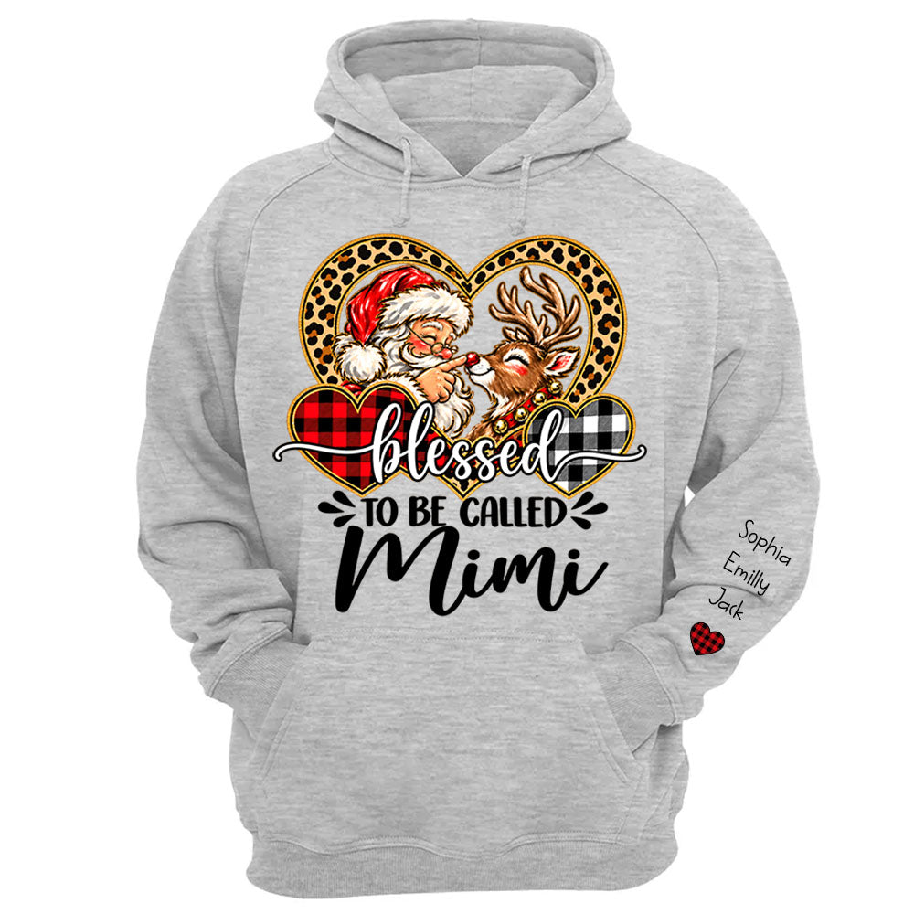 Personalized Blessed To Be Called Mimi Christmas Sweater, Custom Grandchildren Names on Sleeve Pullover, Leopard Buffalo Plaid Heart Grandma Gift C2408 Li29 TL06