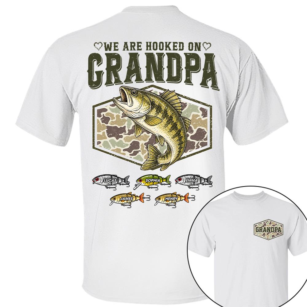 We Are Hooked On Grandpa Personalized Vintage Retro Fishing Shirt, Custom Fishing Gift for Dad, Father's Day Tee Na02 Hv01