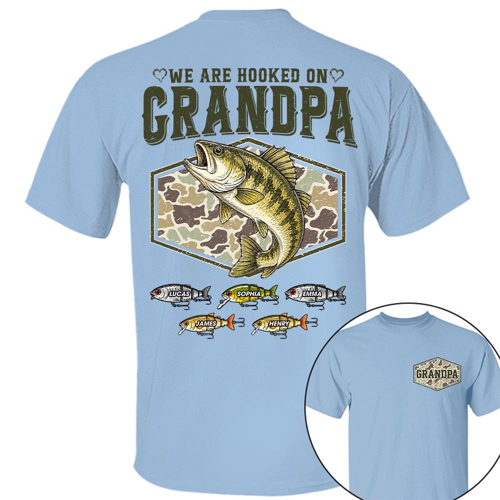 We Are Hooked On Grandpa Personalized Vintage Retro Fishing Shirt, Custom Fishing Gift for Dad, Father's Day Tee Na02 Hv01