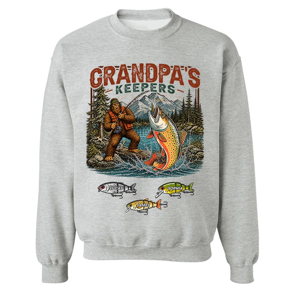 Grandpa's Keepers Bigfoot Fishing Shirt, Personalized Dad Shirt With Custom Kids, Bigfoot Fisherman Father's Day Gift, Gift for Dad Na02 Nh00